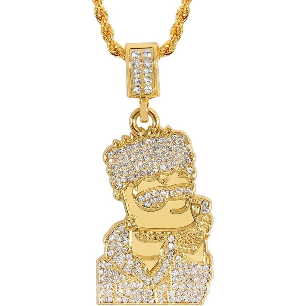 18k Gold Plated CZ Fully Iced Out Cartoon 316L Stainless Steel Pendant Chain NWT